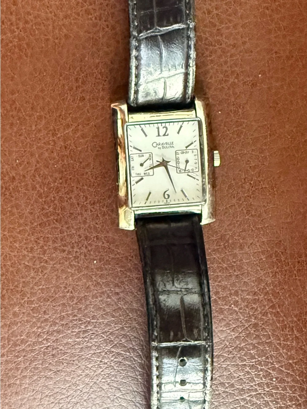 Men's Rectangular  Watch with Black Leather Strap